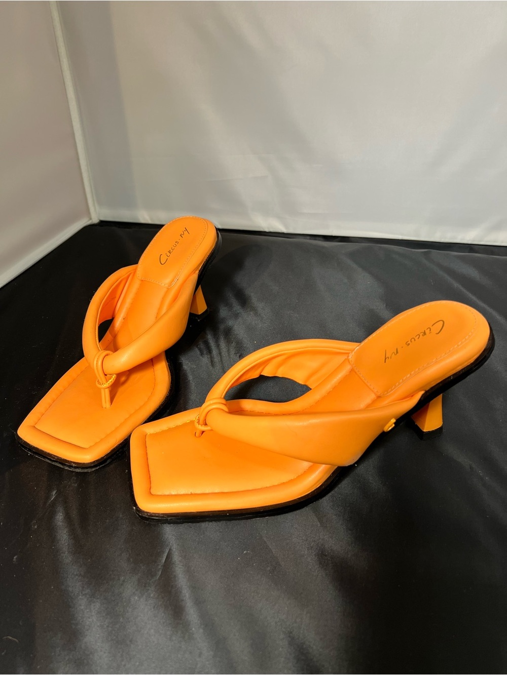 Bright Orange Creamsicle Skeet Padded Thong Square Toe Sandal Flared Kitten Heel